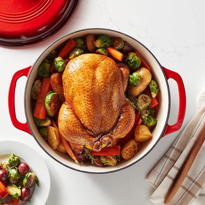Amazon Basics Enameled Cast Iron Dutch Oven Pot with Lid, Round, Dual Handles, Heavy-Duty, Oven Safe for Roasting, Baking, Stews, 7.3-Quart, Red