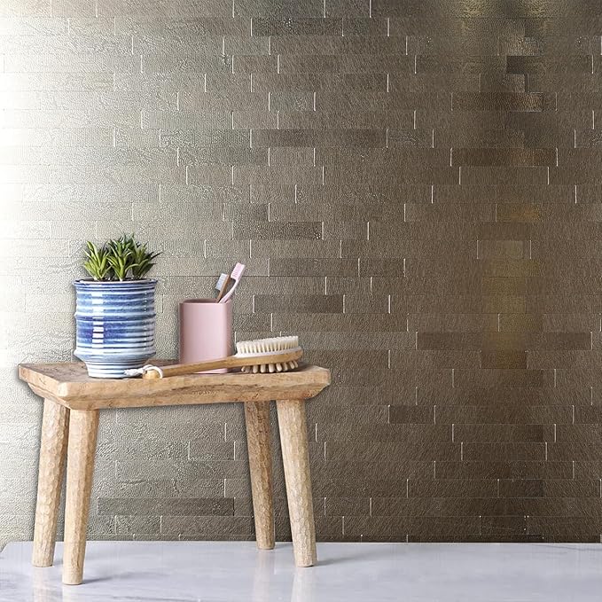 weimeisc 10 Sheets Peel and Stick Backsplash Tile for Kitchen, Self-Adhesive Mosaic Tile, Stick on Bathroom Vanities，Fireplace Décor, Laundry Table (Metal Champagne Wooden Texture)