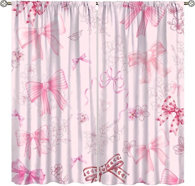 Pink Bow Blackout Curtain,Girly Kids Flower Fashion Floral Cute Bownot Modern Window Curtains for Dining Room Living Room Kitchen Cafe Bedroom Office Drapes,55x63 in