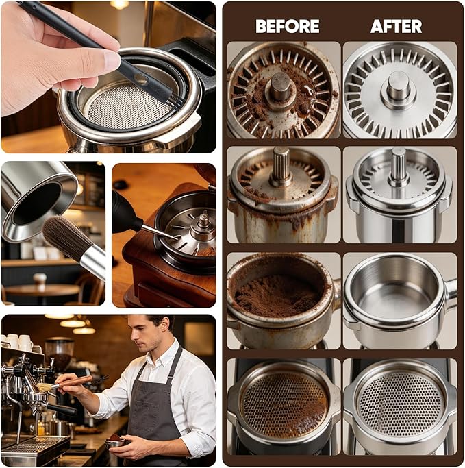 Coffee Grinder Cleaning Kit, Espresso Machine Brush Set - 6Pcs with Group Head Brush, Long-reach Brush, Walnut Wood Brush, Air Blower for Coffee Cleaner, Espresso Tools (Air Blaster+5 Brush)