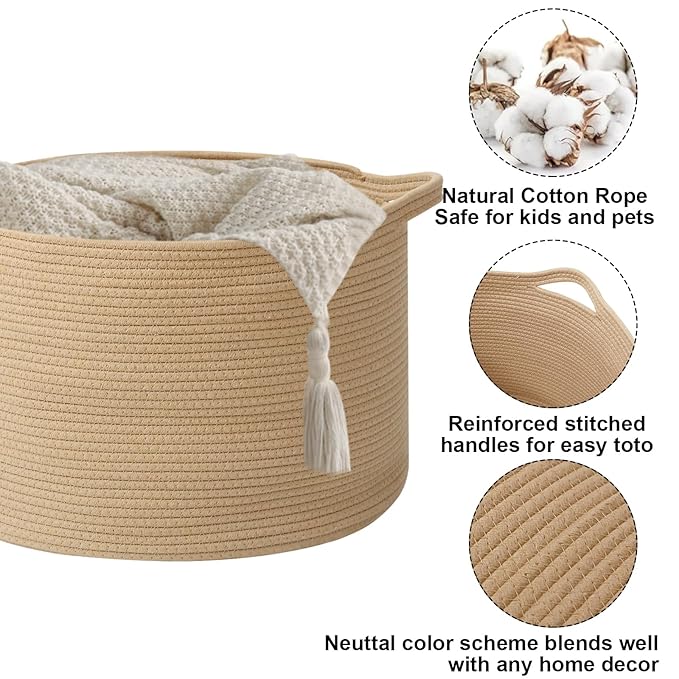 65L Large Blanket Basket,Woven Rope Laundry Basket Hamper with Handles,Decorative Nursery Basket Storage Bin for Toys, Pillows , Clothes Organizer, Living Room, Bedroom, Bathroom, Camel