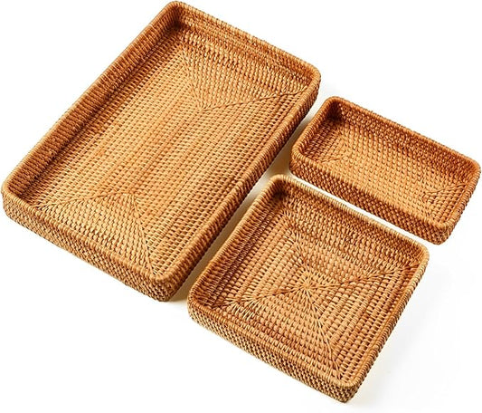 i-lan Set of 3 15" Rattan Woven Serving Tray Basket,Original Color Wicker Coffee Table Décor Serving Tray Country Style, Handmade Display Basket for Entryway Kitchen Bathroom Counter