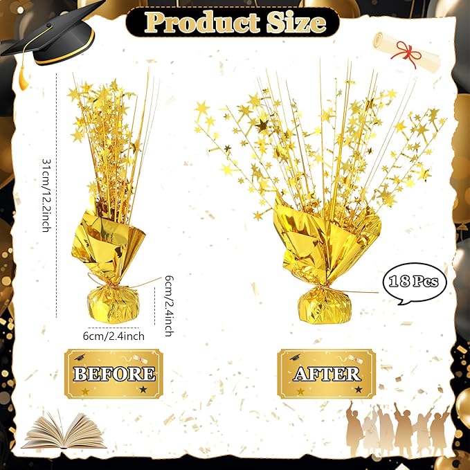 18 Pack 2026 Graduation Table Centerpiece Decoration Metallic Foil Spray Centerpiece Glitter Star Brust Table Topper Decoration for Graduation Birthday New Year Holiday Party Supplies (Gold)