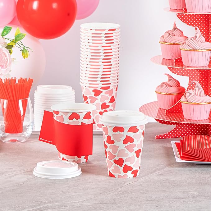 Restaurantware-Restpresso 12 Ounce Disposable Coffee Cups, 20 Valentine’s Day Cups With Plastic Lids - Red And Pink Heart Print, Rolled Rim, Paper To Go Cups, Single Wall, Serve Hot And Cold Drinks