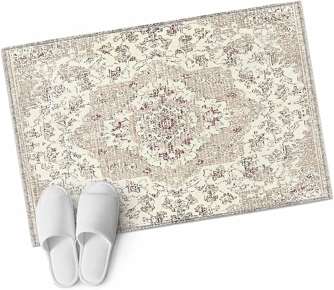 Beige Boho 2x3 Door Mat Rug, Vintage Ethnic Floral Non-Skid Rubber Backing Large Rectangle Rugs - Living Room Bedroom Home Office, Abstract Art Geometric Indoor Floor Mat Carpets Washable Rug
