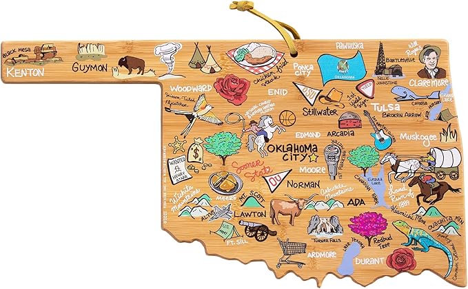Totally Bamboo Oklahoma State Shaped Cutting Board and Charcuterie Serving Platter with Artwork by Fish Kiss, Includes Hang Tie for Wall Display