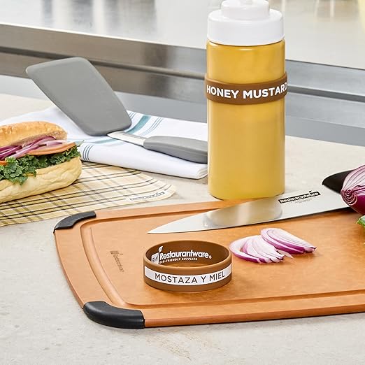 Restaurantware Silicone Squeeze Bottle Band 10 Count 2.75 Inch Dishwasher Safe Condiment Identification Band, Honey Mustard Brown Non-Slip Label Band for Condiment Labeling at Restaurants, Food Trucks