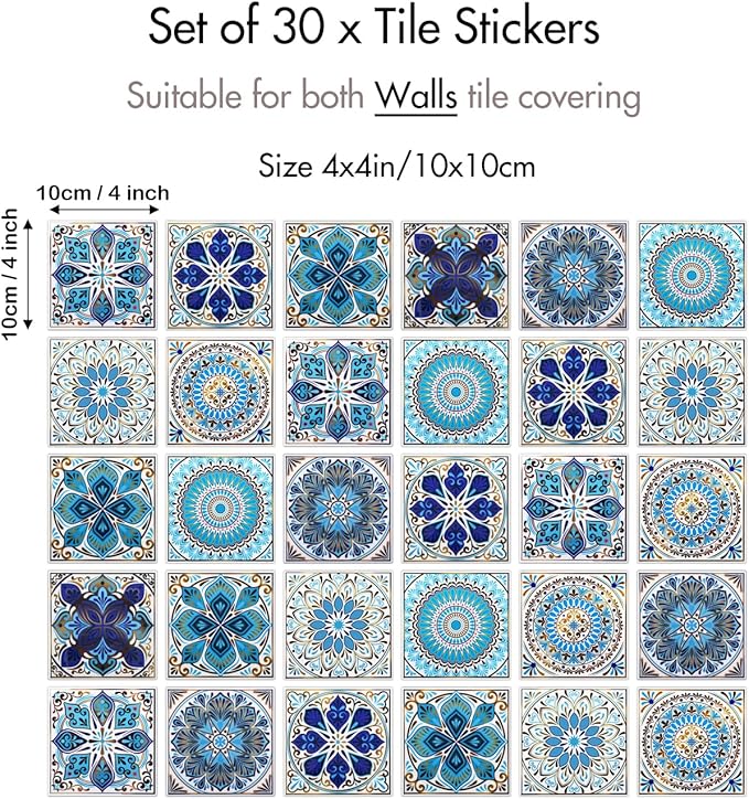 30 Pack, 4x4 Inch Moroccan Vinyl Decals, Blue and Gold Boho Mandala Peel and Stick Wall Stickers for Kitchen, Bathroom, Stairs & Furniture