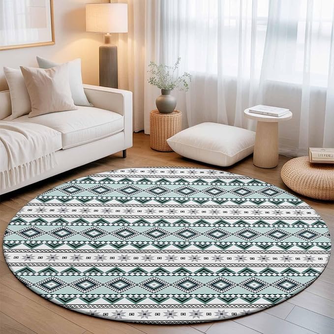 Washable Round Area Rug Boho Diamond Pattern Circle Rugs Floor Carpet for Living Room Bedroom, Ethnic Style Blue Strips Soft Non Slip Round Rug 5ft