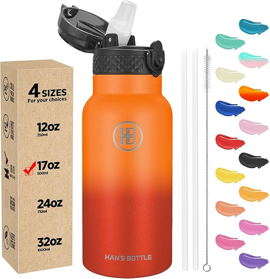 Han's Bottle Kids Water Bottle with Straw Lid - Insulated Stainless Steel Reusable Tumbler for Girls,Boys,Thermo Mug,17oz,Fire