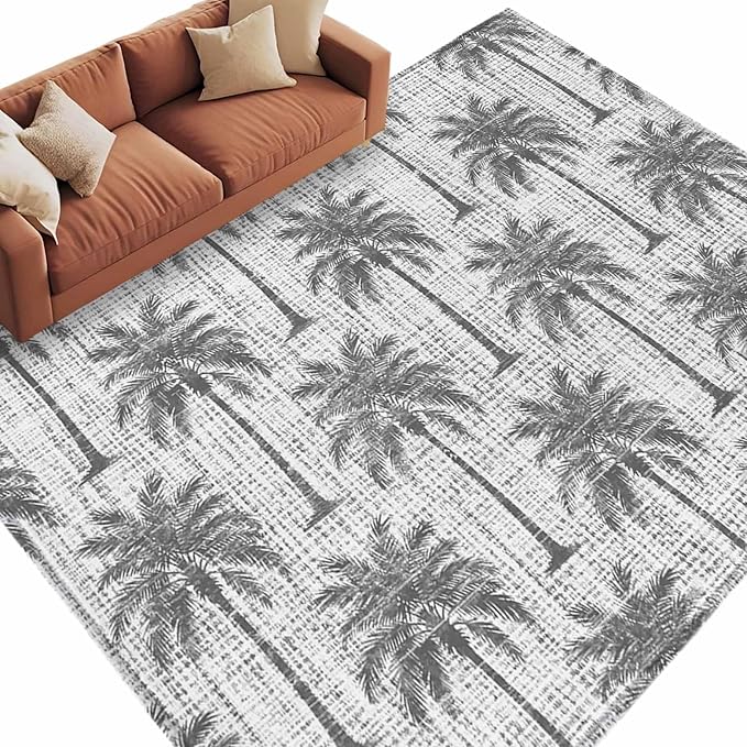 Area Rug 9x12ft, Summer Palm Tree Retro Linen Washable Rugs for Living Room Bedroom Rectangle Floor Carpet, Tropical Gray Botanical Soft Non-Slip Area Rugs for Dining Room