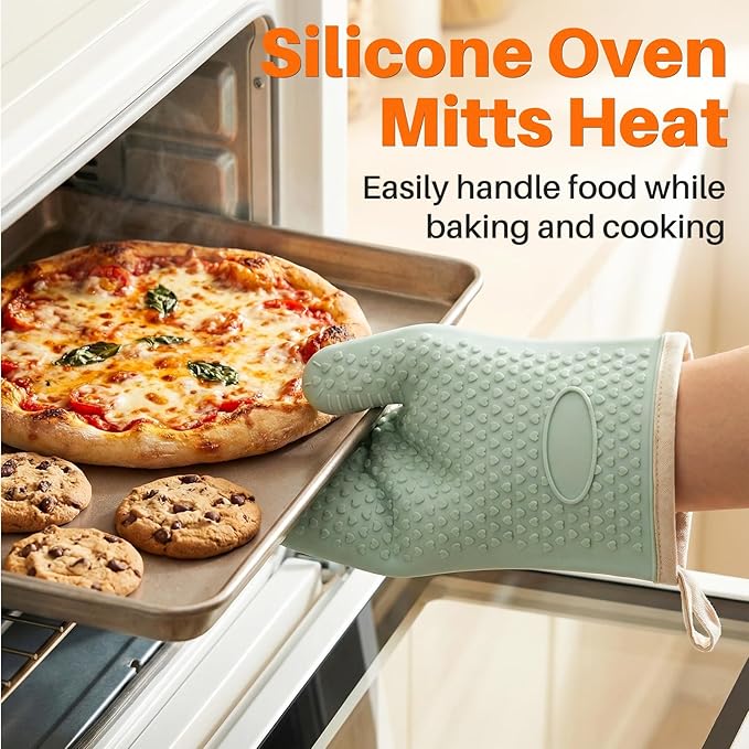 2Pack Silicone Oven Gloves with Fingers - Heat Resistant, Flexible Non-Slip Oven Mitts for Hot Pans, Easy to Clean Waterproof Kitchen Mittens for Baking(Grey)