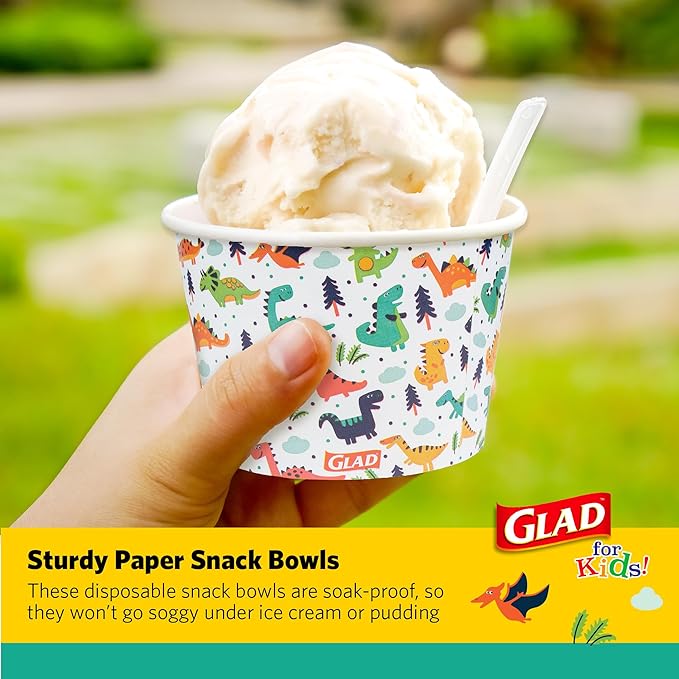Glad for Kids Dinosaurs Paper Snack Bowls, Colorful Heavy Duty Microwave Safe Disposable Bowls for Soup, Ice Cream, and Snacks, Lids Not Included, Multicolor, Party Pack, 12 Oz, 20 Count