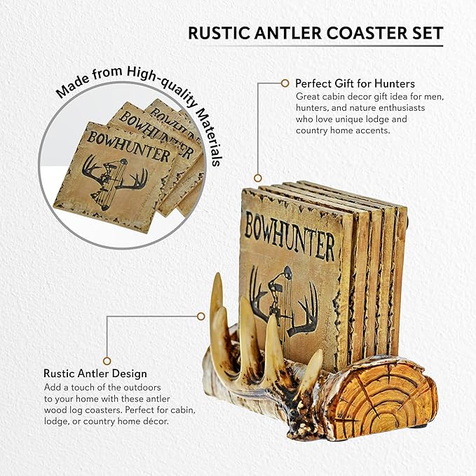 Pine Ridge Home Antler Wood Log Coaster Set with Holder - Bow Hunter Country Absorbent Coaster - Cabin Lodge Home Decor for Hunter Men - Man Cave Coasters Rustic Wood Decor Accent