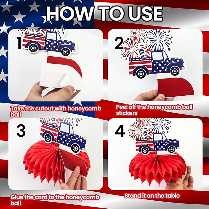 4th of July Honeycomb Centerpieces - 9PCS Patriotic Themed Table Decorations, Red White Blue Independence Day Party Supplies for Patriotic Events American Theme Gatherings