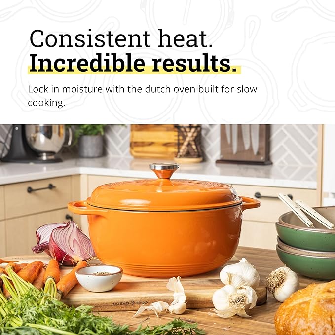 Lodge Essential Enamel Cast Iron Dutch Oven - Perfect for Bread Baking, Braising, Marinating & Slow Cooking - Features Moisture-Sealing Lid & Dual Handles - Kitchen Essentials - 6 Quarts - Pumpkin
