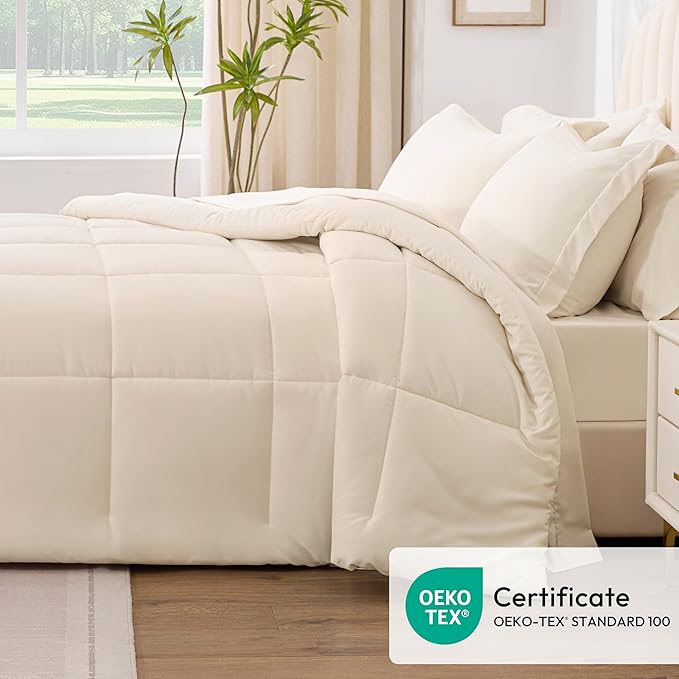Love's cabin King Size Comforter Set Beige, 7 Pieces King Bed in a Bag, All Season Bedding Sets with 1 Comforter, 1 Flat Sheet, 1 Fitted Sheet, 2 Pillowcase and 2 Pillow Sham | Soft, Breathable, Lightweight, Comfortable