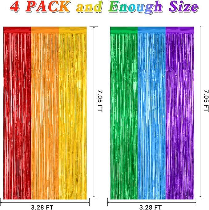 ZATAYE 4 Pack Pride Decorations, 3.28 FT x 7.05 FT Rainbow Backdrop, Metallic LGBT Party Decor Foil Tinsel Party Streamer Backdrop Curtains, Rainbow Curtains Birthday Photo Booth Props