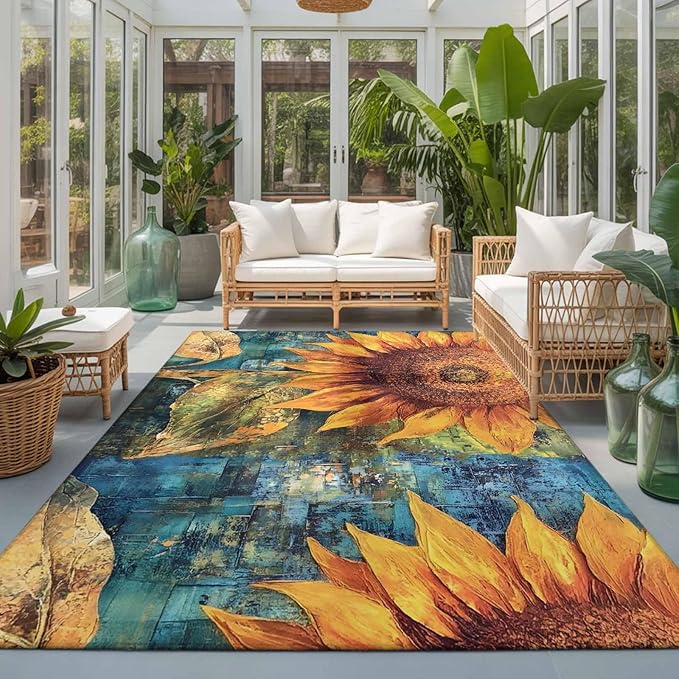 Area Rug 3x5ft, Rustic Golden Sunflower on Teal Blue Washable Rugs for Living Room Bedroom, Abstract Floral Soft Non-Slip Area Rugs Rectangle Floor Carpet for Dining Room