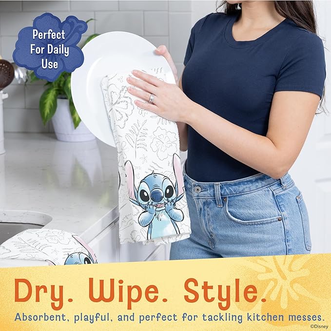 Disney Kitchen Towels & Oven Mitts Set – 4 Piece Bundle with 2 Cotton Dish Towels/Hand Towels & 2 Heat Resistant Mini Oven Mitts (Pot Holders) – Mickey, Stitch & Pooh (Stitch)