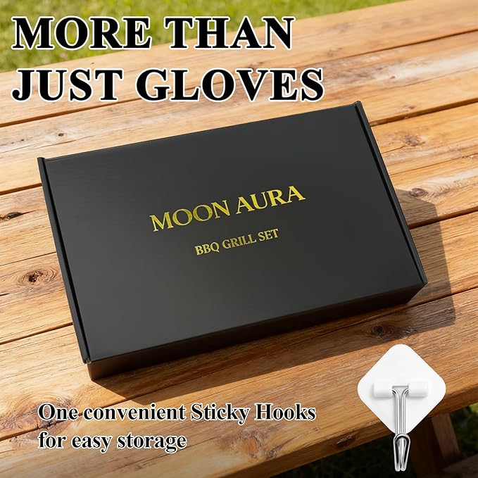 Silicone Smoker Oven Gloves - BBQ Gloves with Sharp Knife, Basting Brush and Sticky Hook.