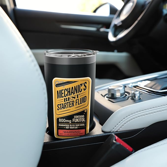 Car Mechanics Starter Fluid Label Fukitol, Funny Mechanic Stainless Steel Insulated Tumbler