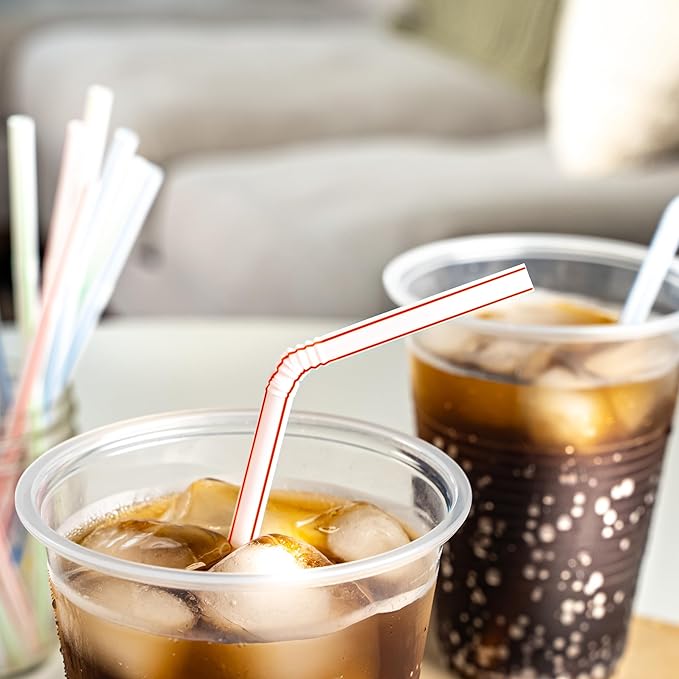 Amazon Basics Disposable Striped Plastic Flex Straws, BPA Free, Food-Safe, 7.5" Long, Assorted Colors, 100 Count