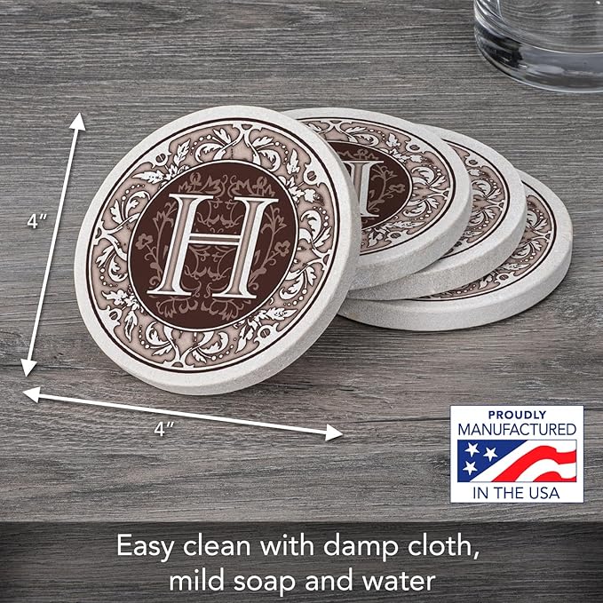 Thirstystone Monogram Letter “H” 4 Pack Sandstone Coasters Manufactured in The USA Decorative Absorbent Easily Wipes Clean