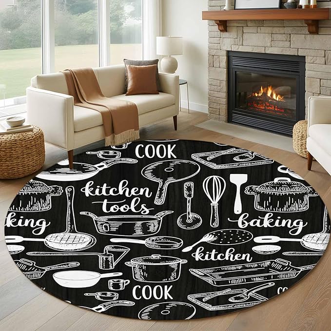 Black Kitchen Tools 5ft Round Rug, Modern Cooking Utensil Non-Skid Rubber Backing Large Area Rugs - Living Room Bedroom Home Office, Farmhouse Cookware Indoor Floor Mat Carpets Washable Rug