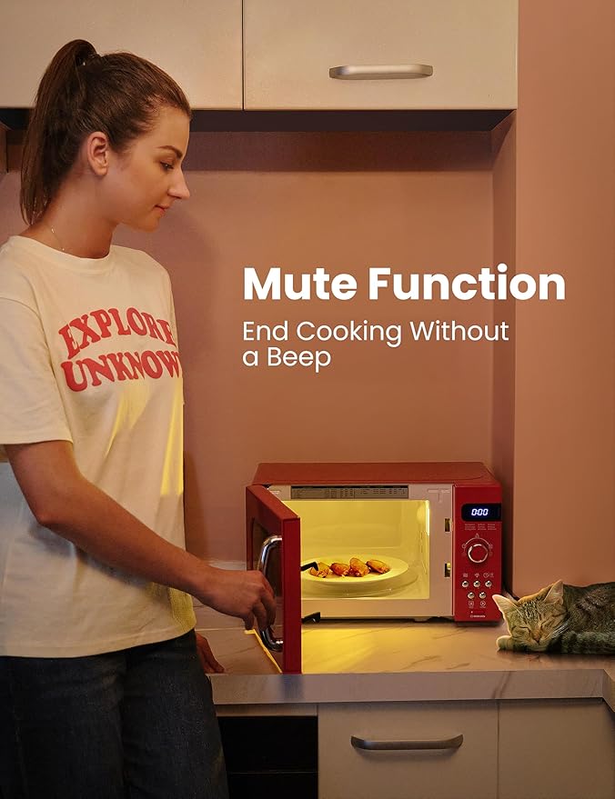 COMFEE' Retro Small Microwave Oven With Compact Size, 9 Preset Menus, Position-Memory Turntable, Mute Function, Countertop Microwave Perfect For Small Spaces, 0.7 Cu Ft/700W, Red, AM720C2RA-R