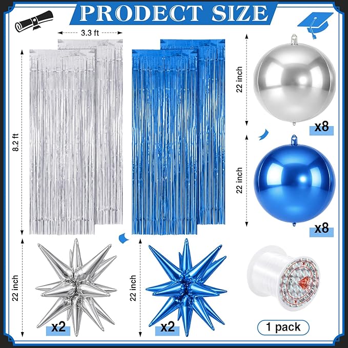 Seenelling 25 Pcs Blue and Silver Graduation Party Decorations 2026 Sets 22 Inch 4D Large Stars Balloons with Metallic Tinsel Foil Fringe Backdrop Curtains for Birthday Anniversary Wedding Decor