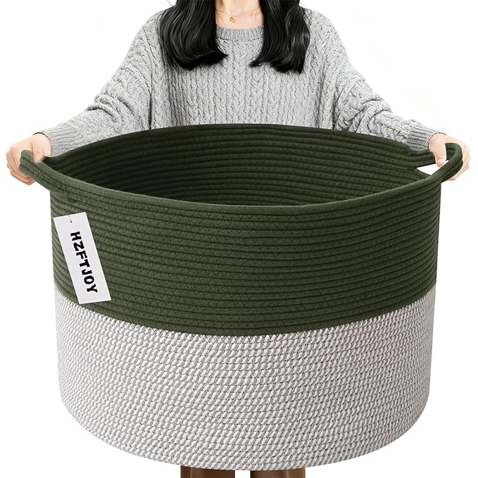 90L Extra Large Blanket Basket,Rope Woven Storage Basket with Handles, Laundry Hamper for Toys, Clothes, Pillows & Towels, Perfect for Living Room, Nursery & Bedroom,Green&White