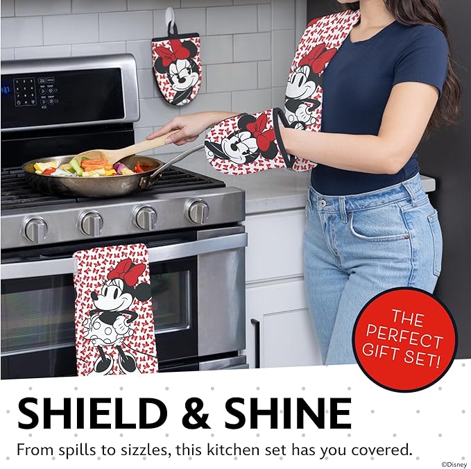 Disney Kitchen Towels & Oven Mitts Set – 4 Piece Bundle with 2 Cotton Dish Towels/Hand Towels & 2 Heat Resistant Mini Oven Mitts (Pot Holders) – Mickey, Stitch & Pooh (Minnie Mouse)