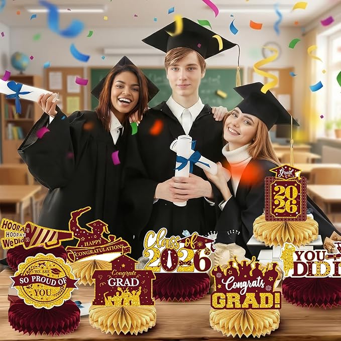 2026 Graduation Party Decorations - 8 Pcs Maroon Gold Class of 2026 Graduation Party Table Decor Honeycomb Centerpieces for Tables Congratulate for 2026 Congrats Grad Party Supplies