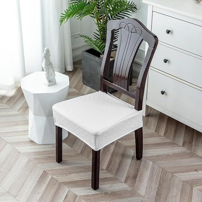 Genina Waterproof Seat Covers for Chairs,Set of 2 Dining Room Chair Seat Covers for Kitchen,Stretch Jacquard Removable Washable Dining Chair Slipcovers Protectors,No Rear Covers, White