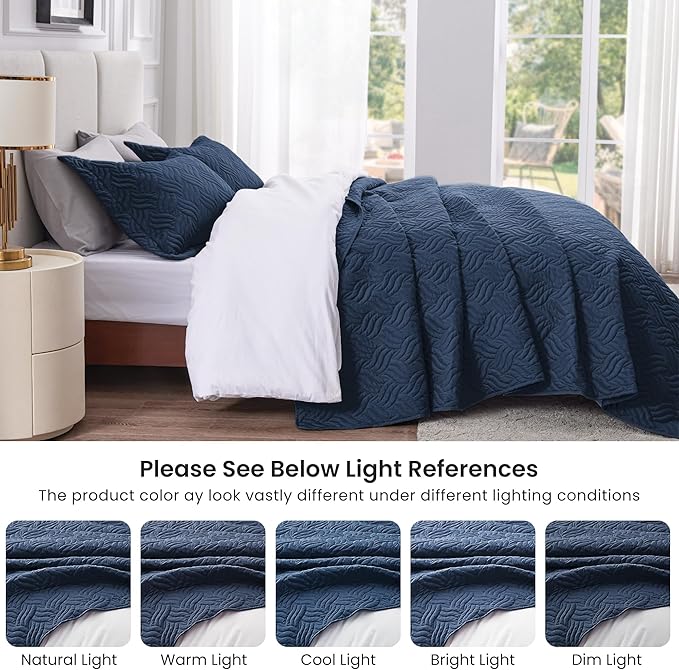 Love's cabin Quilts for Full Bed Navy Blue Bedspreads Bedding Set - Lightweight Bedspread Comforter - Wave Pattern Bedding Coverlet for All Season - 3 Pieces (1 Quilt, 2 Pillow Shams)