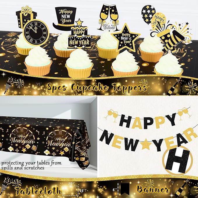 New Year 2026 Party Supplies Kit, Happy New Year's Eve Party Decorations, 2026 Year Party Decor with 2026 Gold Black Balloon Garland Foil Curtain Tablecloth with 2026 New Years Eve Party Decorations