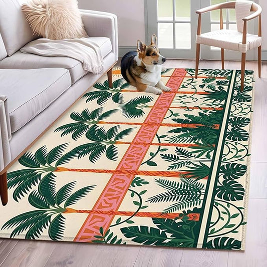 Area Rug 4x6ft, Vintage Sage Green Tall Palm Trees Washable Rugs for Living Room Bedroom, Summer Tropical Plants Soft Non-Slip Area Rugs Rectangle Floor Carpet for Dining Room
