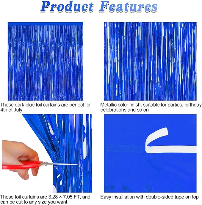 2 PCS Tinsel Backdrop, 3.28 FT x 7.05 FT Dark Blue Backdrop Curtains, Metallic Graduation Fringe Curtains Party Streamer, Navy Blue Party Decorations Photo Props