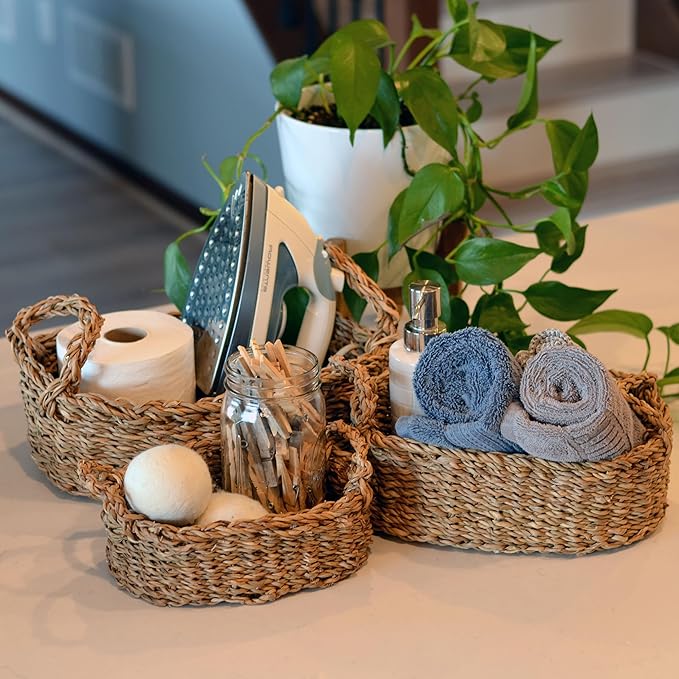 WHW Whole House Worlds Seagrass Baskets, Set of 3, Thick Chunky Sweater Weave, Decorative Vanity Organizers, Closet Storage Bins, Oval, 13.75, 11.75, and 9.5 Inches