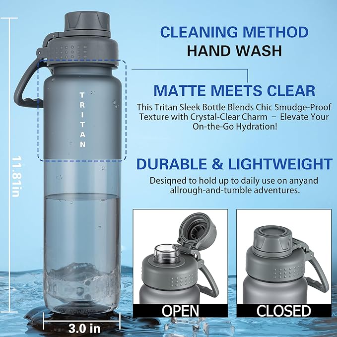 OLDLEY 32oz Frosted Clear Water Bottle, BPA-Free Tritan Plastic Reusable Water Bottle with Fast-Flow Spout Lid, Wide Mouth Leakproof Sports Drinking Bottle for Gym, School, Office, Travel,Grey