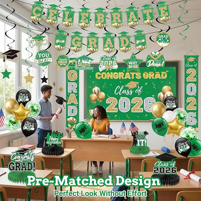 Green 2026 Graduation Party Decor Kit-Includes Backdrop, Banner, Balloons, Hanging Ornaments & Honeycomb Decorations for Class of 2026 -Full Set for High School and University Graduation Events