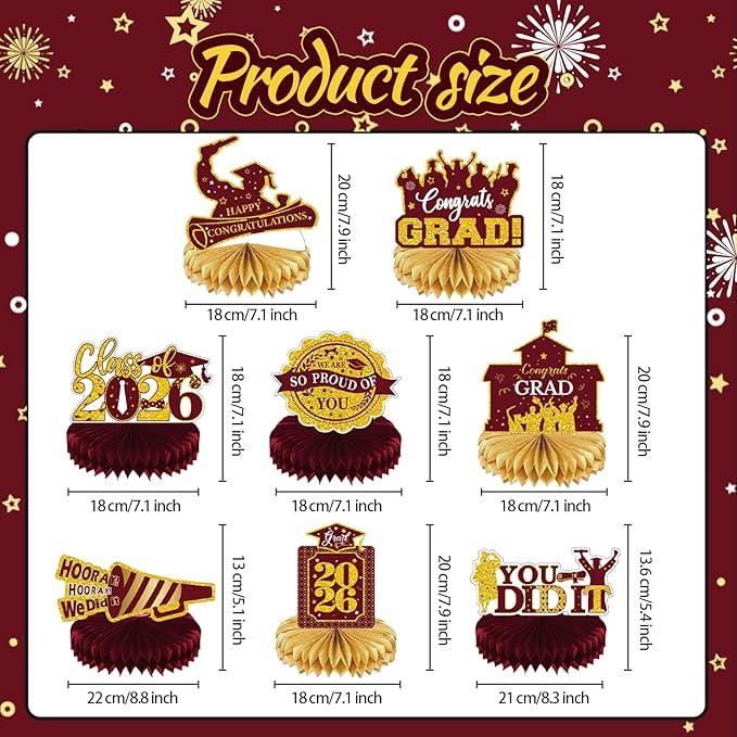 2026 Graduation Party Decorations - 8 Pcs Maroon Gold Class of 2026 Graduation Party Table Decor Honeycomb Centerpieces for Tables Congratulate for 2026 Congrats Grad Party Supplies