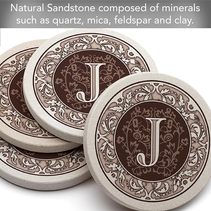 Thirstystone Monogram Letter “J” 4 Pack Sandstone Coasters Manufactured in The USA Decorative Absorbent Easily Wipes Clean