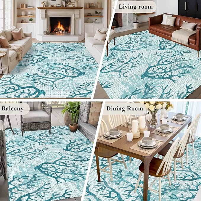 Area Rug 9x12ft, Coastal Sea Coral Retro Linen Washable Rugs for Living Room Bedroom Rectangle Floor Carpet, Underwater Ocean Life Soft Non-Slip Area Rugs for Dining Room