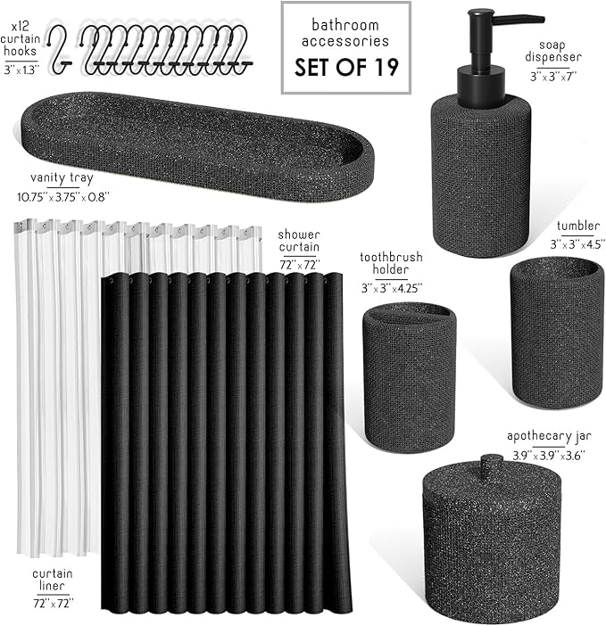 Clara Clark Bathroom Set - Coal Black Bathroom Accessories Set, 19PC Bathroom Accessory Set, Bathroom Sets with Shower Curtain Set, Soap Dispenser & Toothbrush Holder