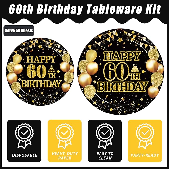 Kepeel 200Pcs 60th Birthday Party Tableware Set, Back in 1966 Birthday Party Decorations Supplies for Men Women Cheers to 60 Years Disposable Paper Plates Napkins Forks Favors, Serve 50
