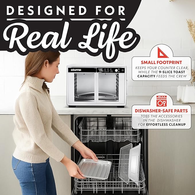Gourmia French Door Air Fryer Oven - 37 Qt Large Capacity Convection Toaster Oven, FryForce 360°, Digital Display, 12 Cooking Presets, Dehydrate, Fits 13” Pizza, Dishwasher-Safe, White