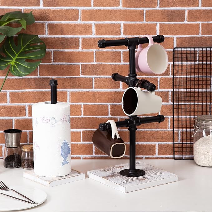 Mug Hanging Rack Kitchen Paper Towel Holder 2 Piece Industrial Black Metal Pipe Rustic White Washed Wooden Base Wood Organizer Multiple Branches Tree Coffee Cups Teacups Tissue Home Counter