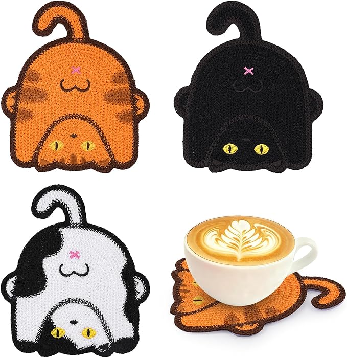 Drink Coaster, 3 PCS Cute Cat Coasters with Woven Knitted Crochet, Gifts for Cat Lovers, Coffee Tea Cup Home Decor Tabletop Protection Suitable for Cups, Black, White and Orange